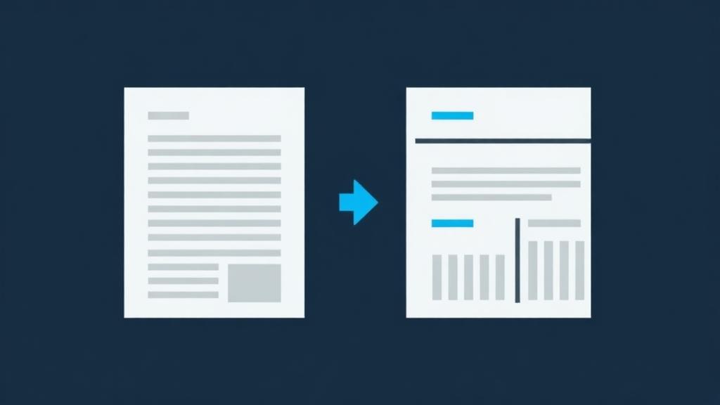A flat PDF page of undifferentiated text on the left, and the same content on the right rebuilt as Markdown with a heading and a table.