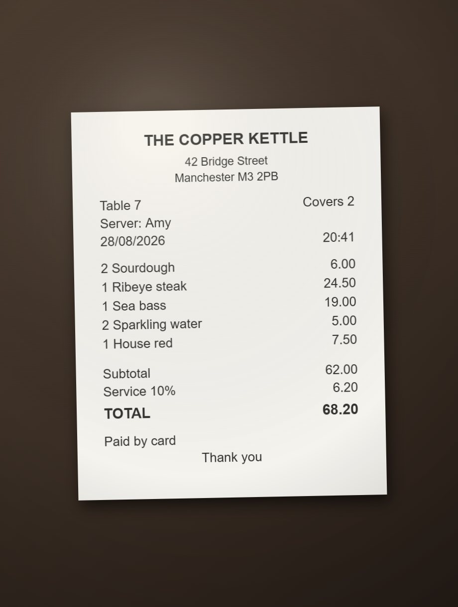 A restaurant receipt photographed on a dark table at a slight angle, listing five items, service charge and a total of 68.20.